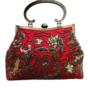 Gorgeous Red and Bronze Beaded Sequin Bling Purse Handbag